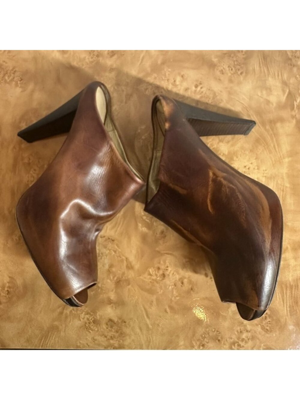 Stuart Weitzman Distressed Brown Leather Peep Toe Mules Size 41 Y2K High Heel - Picture 5 of 9